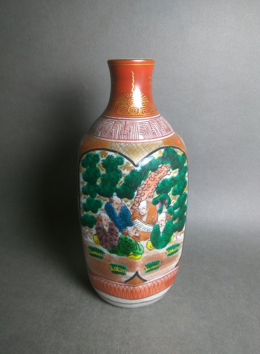昭和.九谷庄三落款.金彩開光手繪喜雀國鳥賢人圖酒器.高16.3x8cm.完整