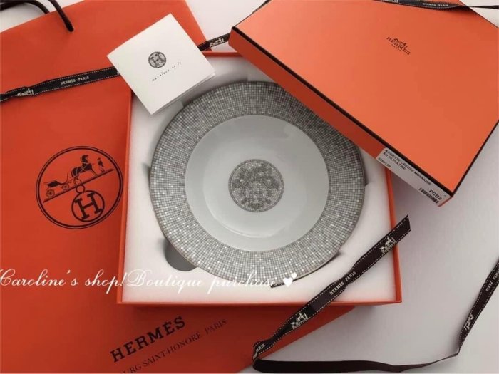 【愛馬仕 HERMES】24K鉑金 馬賽克系列 銀色家徽H湯盤/盤子 一入 ☆保證真品☆ 全新~*購於愛馬仕專櫃~