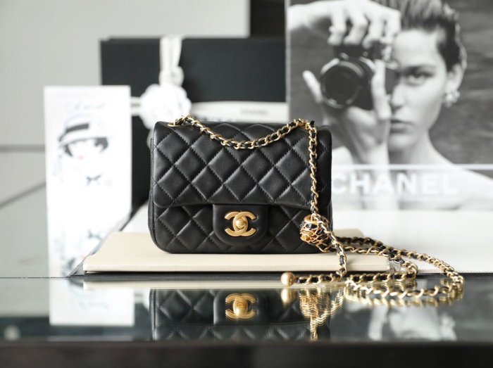 『RP精品』Chanel 香奈兒 黑色 編織金球方胖子 側肩背包 18cm
