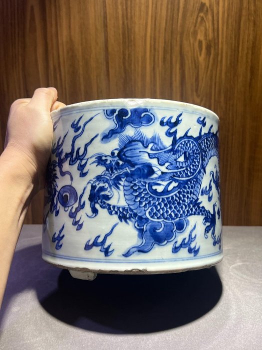 清康煕 青花双龍紋 □高さ7.10cm 口径14.70cm 底径6.30cm 清康熙