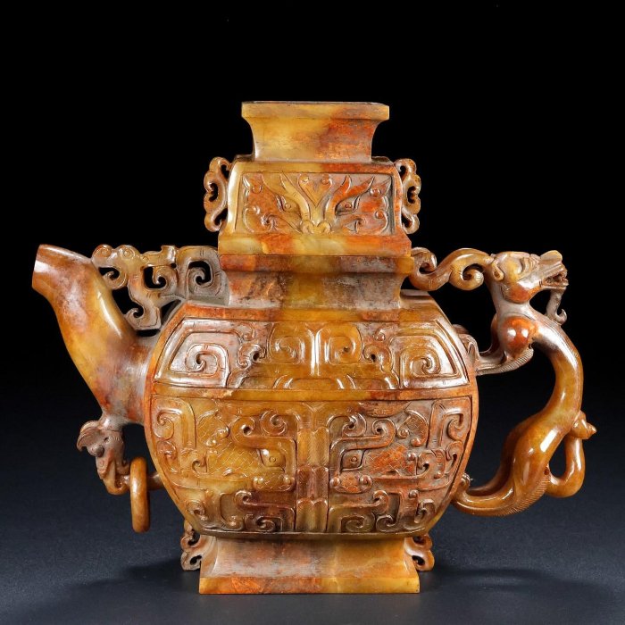 18855 和田玉舊藏迴流精品酒壺玉質剛性細膩油潤包漿醇厚沁色自然雕工