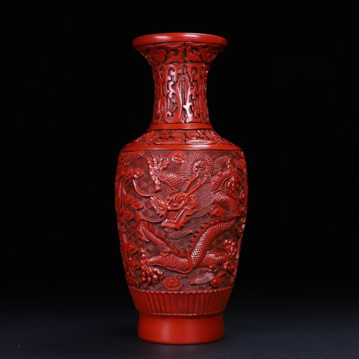 舊藏剔紅漆器滿雕花瓶一對圓徑12.5 高25厘米456一對（長期有貨【十大