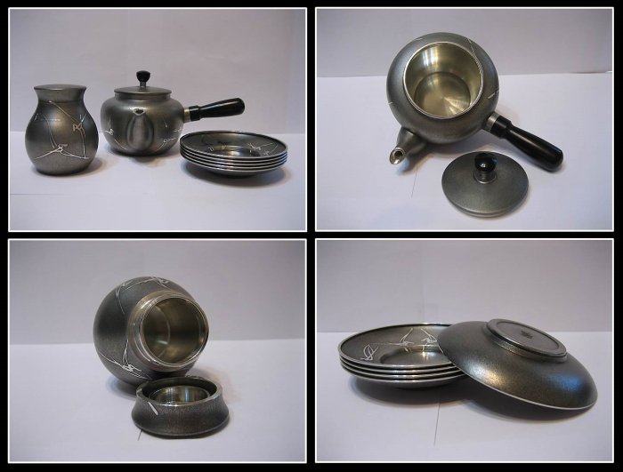 【美品】波華　錫半造　錫製　屠蘇器　木製箱　松竹梅 勇福堂》】日本茶道具－浪華錫半造【日本純錫製飛鳥紋茶器三件（茶壺