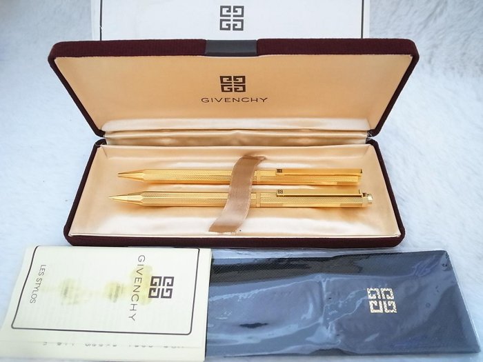 w285-060 法國紀梵希 18k包金大麥紋高級原子筆＋0.5mm自動鉛筆對筆（9.5成新、原廠盒裝）