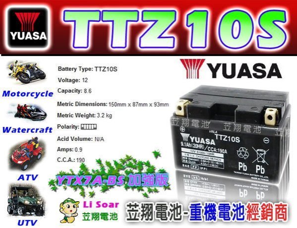 ☼ 台中苙翔電池 ►YUASA湯淺 10號機車電池 (TTZ10S) 豪邁奔騰 G5 125 豪邁奔騰 GP125 FI