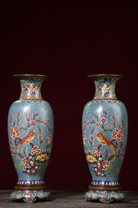 景泰藍喜鵲登梅花瓶【帶底座】高38cm 口徑11cm總重6835克舊藏收藏古玩