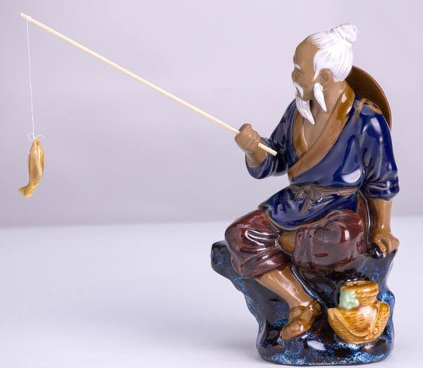 Art in THE】陶瓷漁翁蹲漁姜太公釣魚茶道茶寵假山盆景擺件人物造景裝飾