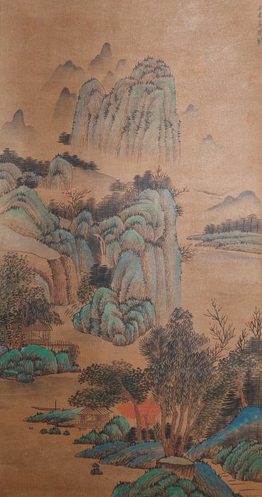 王希孟 山水画 掛け軸 中堂 千里江山図 中国画 表装済 77×175cm 王希孟