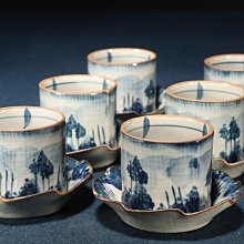 10/29結標日本手繪青花柏木林套盞BDJ0608 -茶道具侘寂日本茶道品茶煎茶