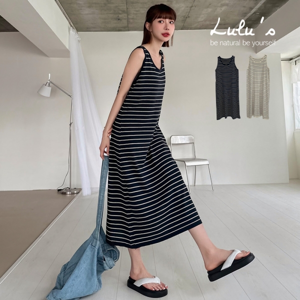 LULUS/細橫紋修身無袖針織長洋裝２色【A02250076】