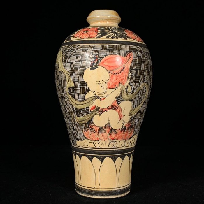 宋磁州窯彩繪嬰戲圖梅瓶，高27直徑14cm，260347 瓷器官窯汝窯【古雲