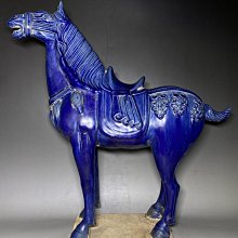 ○【古美術】唐時代 唐三彩藍釉馬 本物名品完品美品 ZT