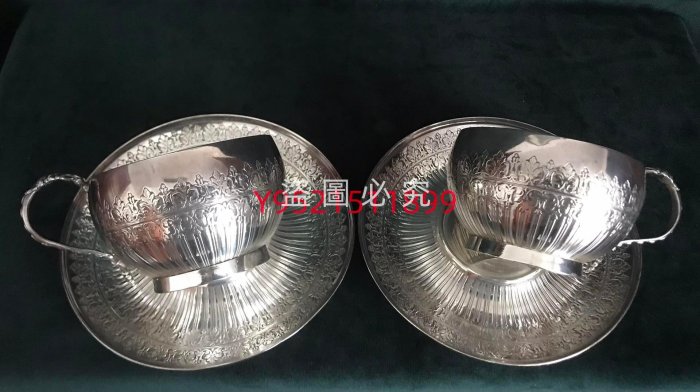 歐洲古董銀器，法國巴黎.Chpus滿工璣鏤工藝純銀茶杯、咖啡杯碟套（兩套
