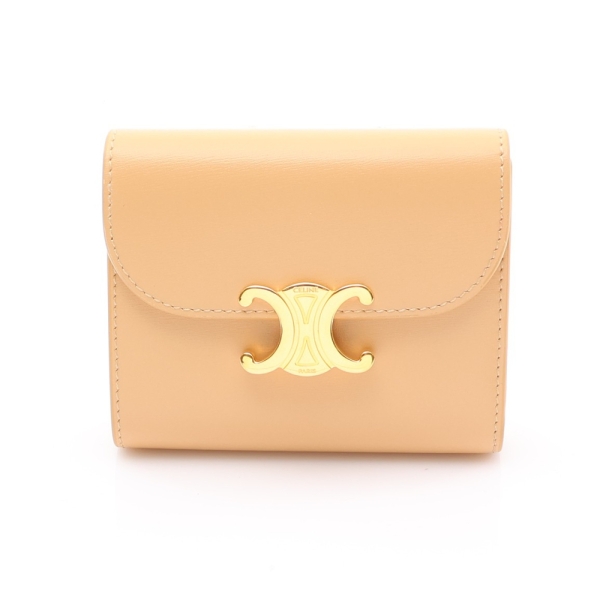 CELINE 賽琳 米黃色 牛皮 Triomphe Small Flap 扣式短夾 【二手名牌BRAND OFF】