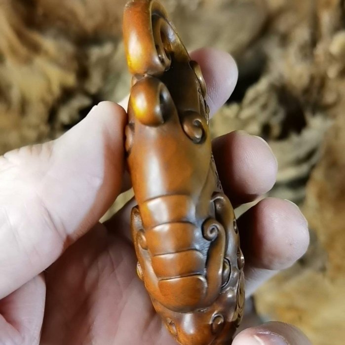 黃楊木雕手把件~龍鳳呈祥盤玩把玩物件掛件木吊墜文玩工藝品禮物，高9