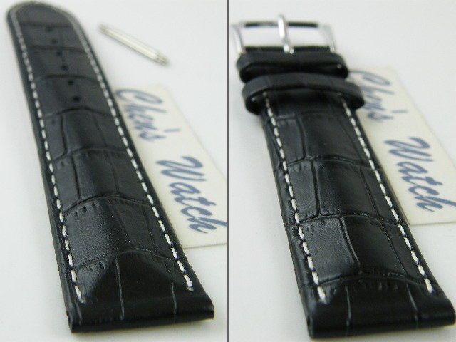 【錶帶家】『加厚5mm立體』霧面黑色車白線 18mm LIMA 義大利進口牛皮錶帶鱷魚紋質感真皮錶帶霧面