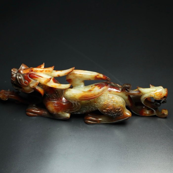 18865和田玉舊藏迴流精品龍鳳瑞獸玉質剛性細膩油潤包漿醇厚沁色入骨雕
