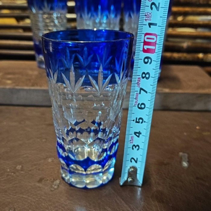 2544 藍切子　5客　未使用 嚴選2354年江戶時代回流手工切子水晶玻璃杯，藍底白花絢麗工藝，套裝更