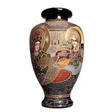 日本古美術/薩摩燒古花瓶金襴手細工人物紋，琉璃釉，飾金開片