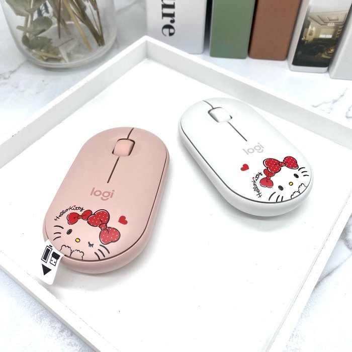 🌈Logitech羅技 Hello Kitty鵝卵石輕薄型光電靜音無線滑鼠-白（送全白殼*1）粉