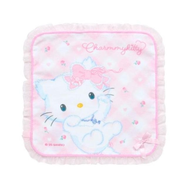 小禮堂 Sanrio 三麗鷗 Charmmy Kitty 棉質方巾 25x25cm (格紋緞帶)