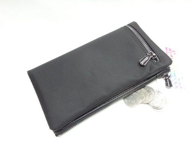 ＊迪奧小店＊BONNIE素面尼龍配真牛皮壓釦拉鍊長夾／錢包皮包／多功能前拉鍊隔層／勁爆特價／時尚黑