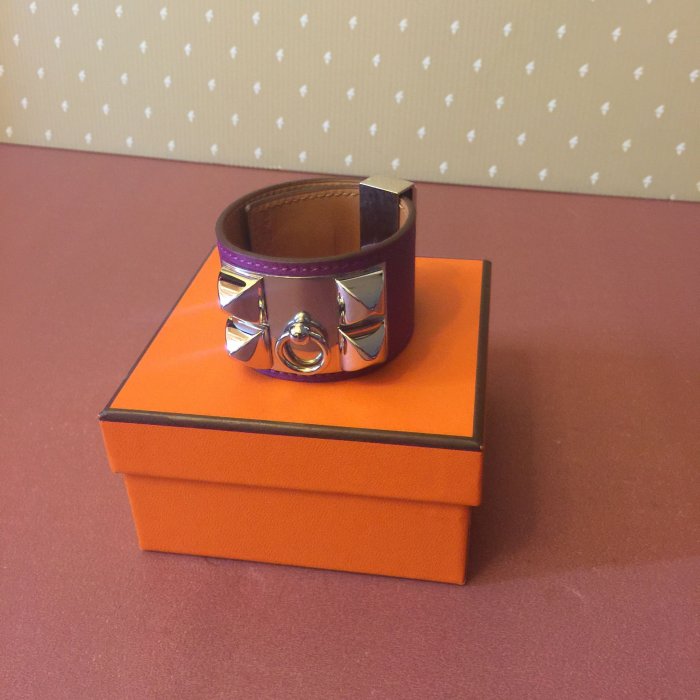 ～皇后精品～HERMES CDC 寬版手環 紫色 銀扣 正品 S號