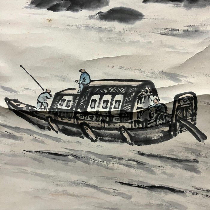 雪卿，水墨山水掛軸《峽江船渡圖》國畫書法手繪字畫。紙本綾裱畫心尺寸