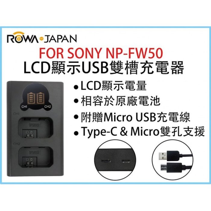幸運草 ROWA樂華 FOR SONY NP-FW50 LCD顯示USB雙槽充電器 一年保固 米奇雙充 顯示電量