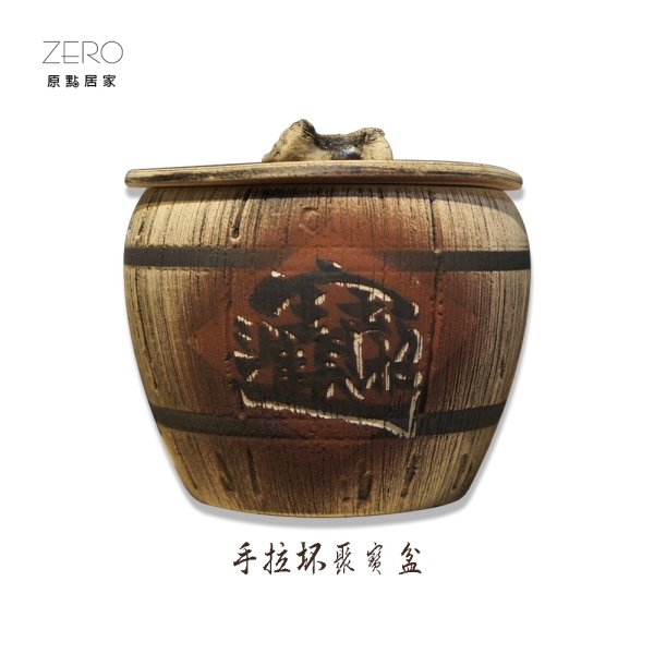 原點居家創意鶯歌手拉坏招財補財庫風水聚寶盆-彩繪窯燒仿木桶聚寶甕