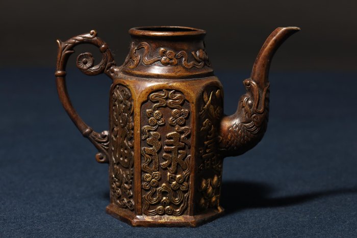 10/27結標銅雕花狻狔蓋壺ACJ0933 -茶道具日本茶道品茶煎茶器茶器