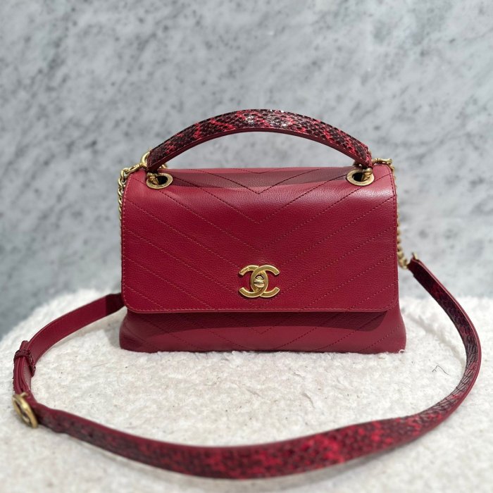 【翰貝格名牌館】二手真品 CHANEL 紅色 牛皮 金色 雙C 蟒蛇皮 手提 斜背 側背包 A57147