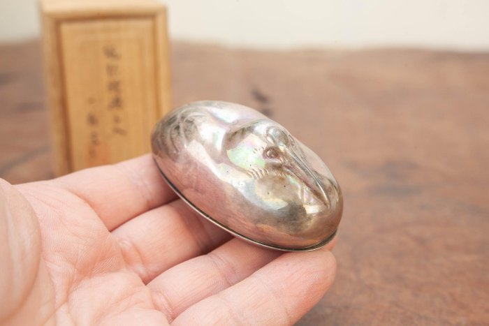 輝日本老鐵壺)一鶴齋純銀香盒全器42g 約8x4x3.5cm 1934年製昭和9年(錫