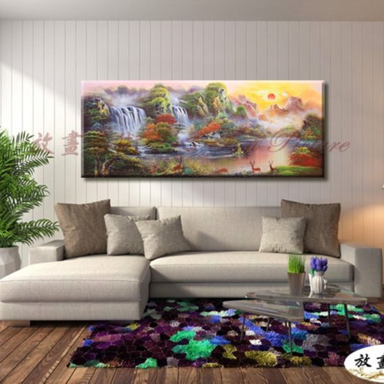 手描き 水彩油画 風景画 約70×100cm 未表装 放畫藝術】開運山水H97 純手繪油畫橫幅冷色系無框畫風水流水風景開運