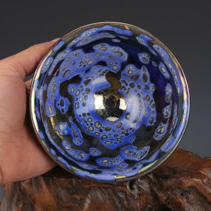 極上珍品！宋時代 建窯 曜変 寶石藍釉 七彩光束口茶碗 供御