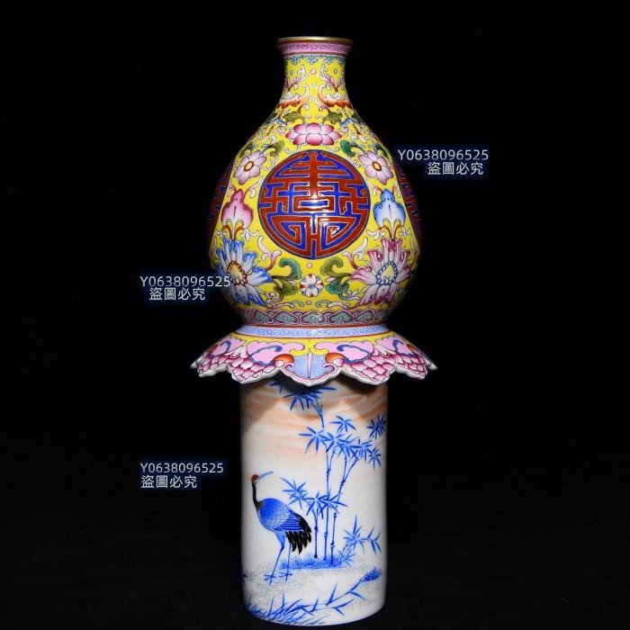 清乾隆粉彩描金四季花卉壽字紋轉心葫蘆瓶，高36cm直徑18cm，編號50 粉