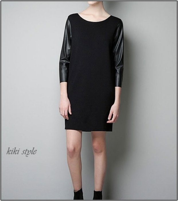 kiki style*瘋狂358元*歐美原單黑色簡約有型拼接皮革連身洋裝zara韓HM鴿子asos牛仔topshop21
