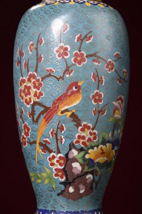 景泰藍喜鵲登梅花瓶【帶底座】高38cm 口徑11cm總重6835克舊藏收藏古玩