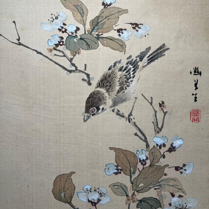 真作保證，日本花鳥畫名手，椿椿山弟子野口幽谷作品，絹本未