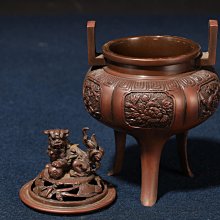 4/1結標日本銅器三足香爐獅子鈕牡丹浮雕雷紋AEC0913 -香道具火缽沉香