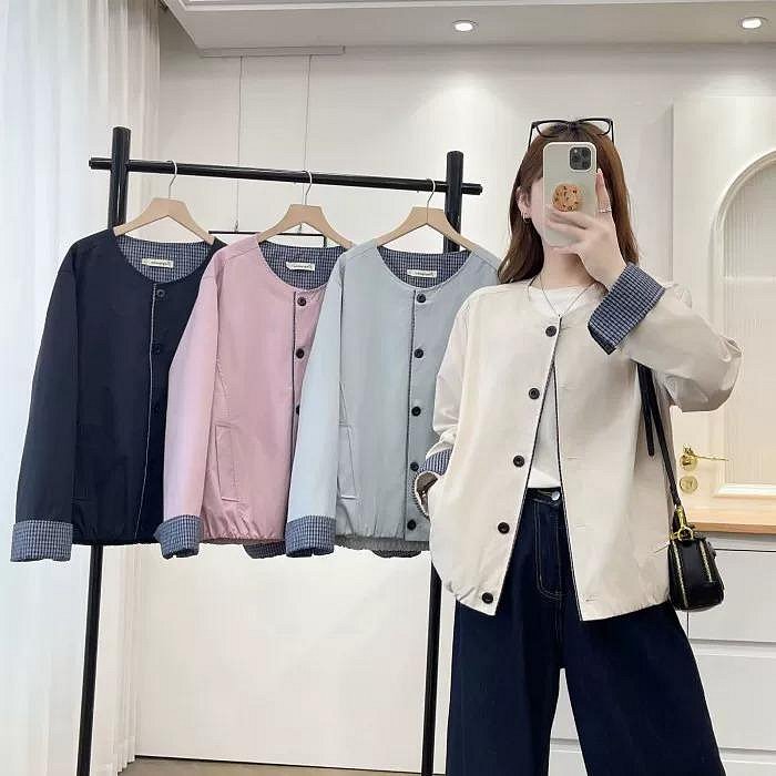 XL-4XL 大尺碼女裝 無領鬆緊下擺夾克外套女 休閒寬鬆外搭長袖上衣 遮肚子遮肉顯瘦百搭大碼休閒外套 春秋 23084