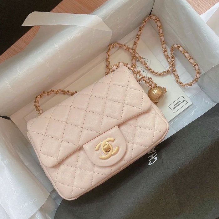 【翰貝格名牌館】全新真品 CHANEL 爆款 櫻花粉 mini coco 17 金球鍊 方胖子 AS1786