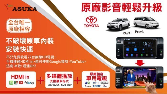 (逸軒自動車)PREVIA GAMIN 原廠主機升級數位電視HD HDMI 螢幕可觸控 數位電視+USB可支援後螢幕