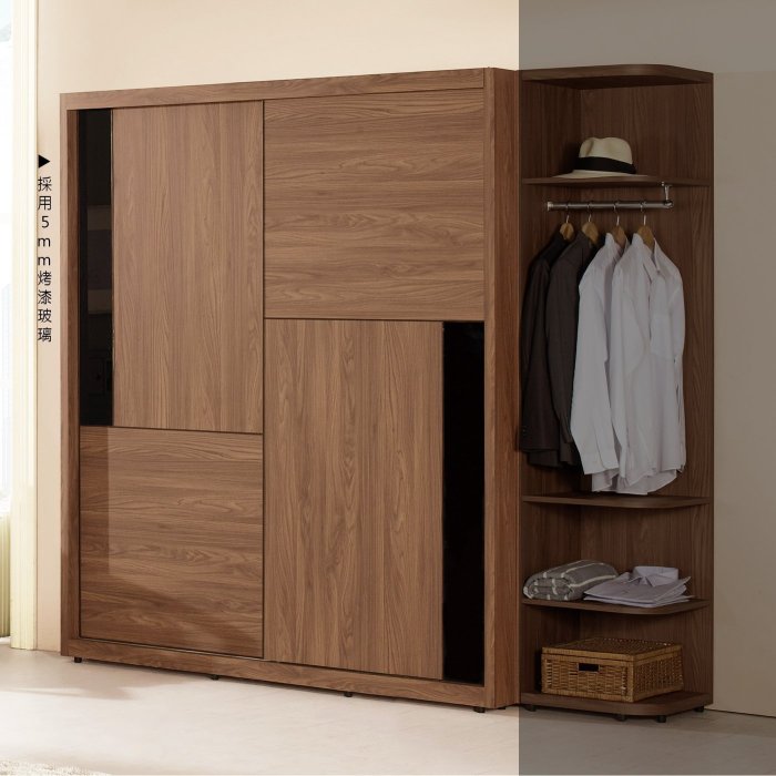 【在地人傢俱】22 美麗購-約克淺胡桃色耐磨木紋5尺黑玻推門衣櫥/拉門衣櫃~附內鏡 CM132-2