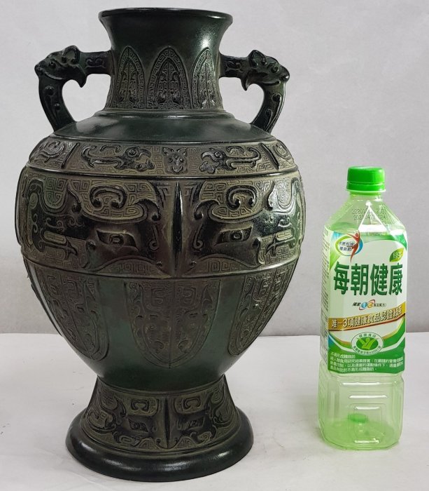 日本古漾】403101 日本名家在銘饕餮紋銅製青銅大型花瓶附箱高約35cm