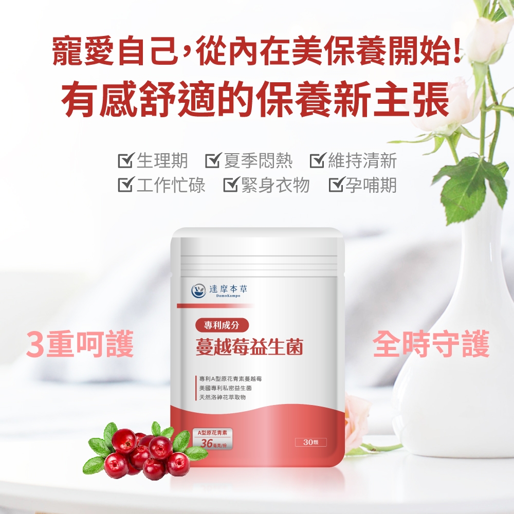 寵愛自己,從內在美保養開始!有感舒適的保養新主張生理期 夏季悶熱☑工作忙碌維持清新物孕哺期重呵護 本草DamoKampo專利成分蔓越莓益生菌全時守護| 專利A型原花青素蔓越莓美國專利私密益生菌天然洛神花萃取物A型原花青素3036毫克/