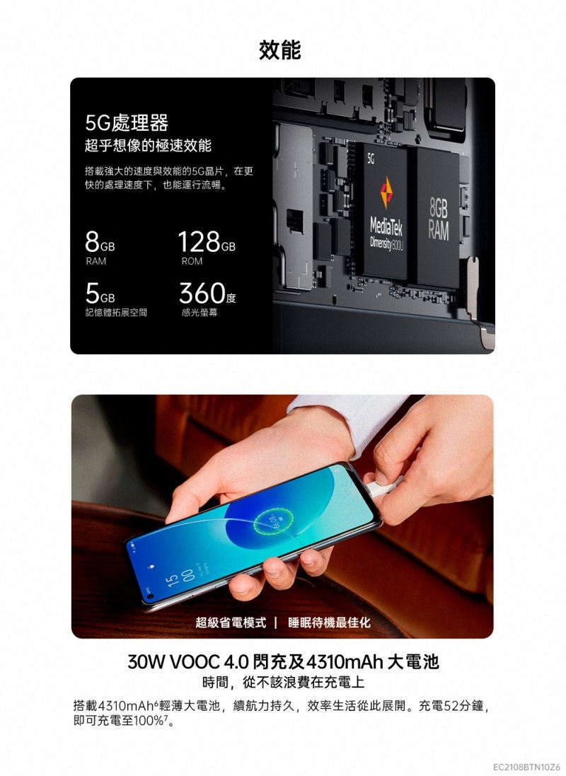 效能5G處理器超乎想像的極速效能搭載強大的速度與效能的5G晶片,在更快的處理速度下,也能運行流暢 RAMRAM5GB128GBROM360記憶體拓展空間感光螢幕 超級省電模式  睡眠待機最佳化30W VOOC 4.0閃充及4310mAh大電池時間,從不該浪費在充電上搭載大電池,續航力持久,效率生活從此展開。充電52分鐘,即可充電至100%。EC2108BTN10Z6