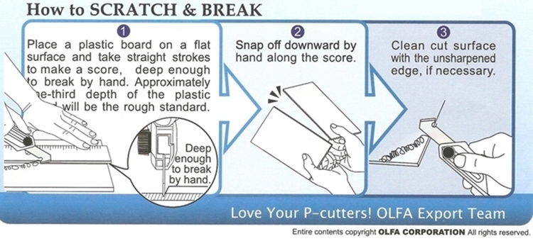 How SCRATCH & BREAK1Place a plastic board on a flatsurface and take straight strokesto make a score, deep enoughto break by hand Approximatelye-third depth of the plasticwill be the rough standardDeepenoughto breakby hand2Snap off downward byhand along the score3Clean cut surfacewith the unsharpenededge, if necessary.Love Your P-cutters! OLFA Export TeamEntire contents copyright OLFA CORPORATION rights reserved.