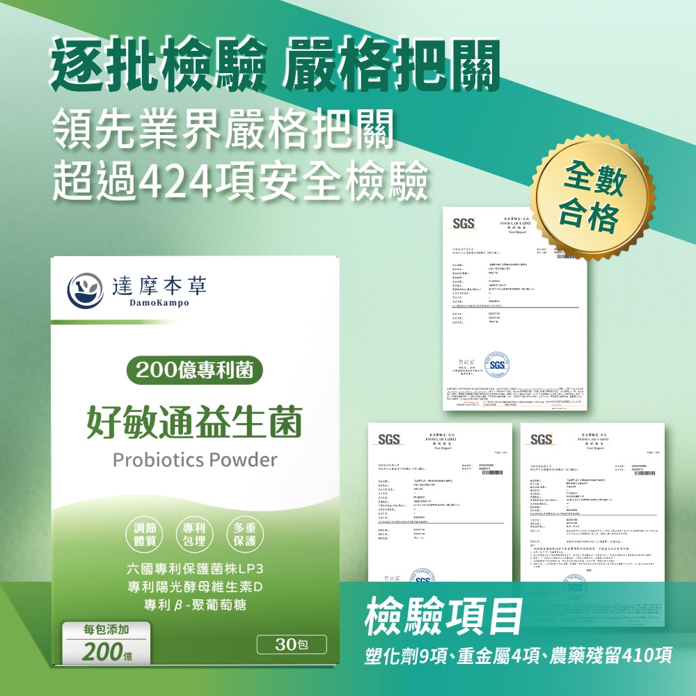 逐批檢驗 嚴格把關領先業界嚴格把關超過24項安全檢驗達摩本草DamoKampo200億專利菌好敏通益生菌Probiotics Powder每包添加調節 專利 多重體質 包埋 保護六國專利保護菌株LP3專利陽光酵母維生素D專利B-聚葡萄糖SGSSGS SGS檢驗項目SGS全數合格SGS30包塑化劑9項、重金屬4項、農藥殘留410項