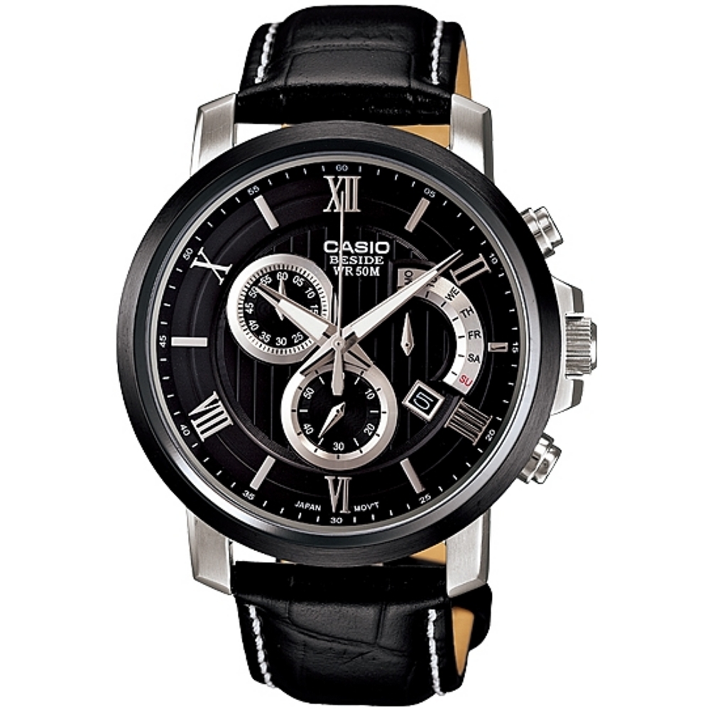 CASIO BESIDE 紳士都會三眼型男腕錶(黑) BEM-507BL 指針/數位雙顯